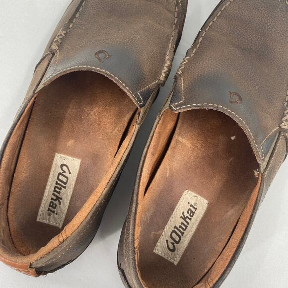Olukai Brown Leather Akepa Men\'s Moccasin Slip On Shoes Size 9.5 main image 8